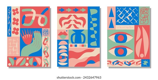 A set of bright interior paintings. Colorful stylization of various objects. Modern abstraction. Art, fashion, style, mood. Suitable for covers, posters, stickers. Vector illustration.