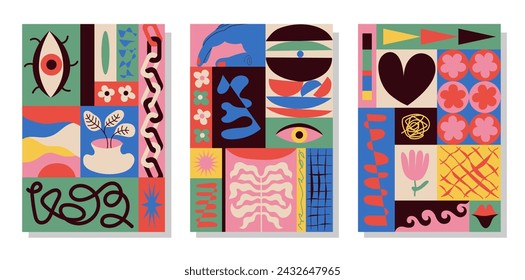 A set of bright interior paintings. Colorful stylization of various objects. Modern abstraction. Art, fashion, style, mood. Suitable for covers, posters, stickers. Vector illustration.