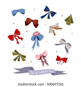 Set of bright  isolated bows, made in vector. Easy to use as an element of label , card, gift. Easy to recolor.