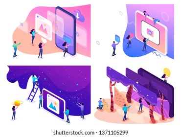 Set of bright isometric concepts, creative young people, creative freelancers.