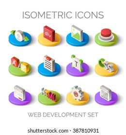 Set of bright isometric icons. 3D pictogram vector. Web development set. Elements for mobile and web applications. EPS 10