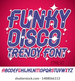 Set of bright italic vector upper case funky English alphabet letters isolated can be used as logo design element for event companies