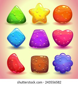 Set of bright jelly figures with bubbles, colorful game elements