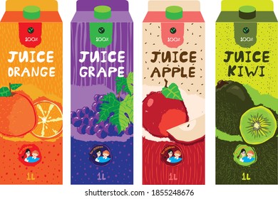A set of bright juice packs for children. Orange, grape, Apple and kiwi juice. Vector illustration.