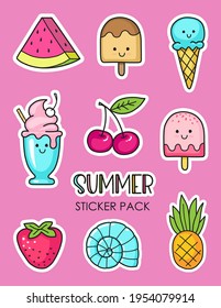 A set of bright juicy summer stickers in the style of kawaii