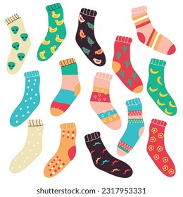 A set of bright juicy trendy prints for socks. Flat style. Foot wear. Accessories. Vector stock illustration. Retro. Background