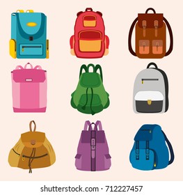 Set of bright kids school bags isolated on light background. Flat style vector illustration.