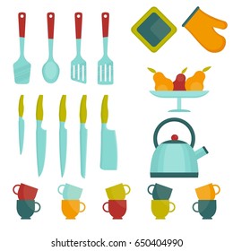 Set of bright kitchen utensils. Kitchen tools for cooking. Flat vector cartoon illustration. Objects isolated on a white background.