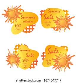Set of bright labels for the summer sale. The sun is shining and lettering about discounts. EPS 10