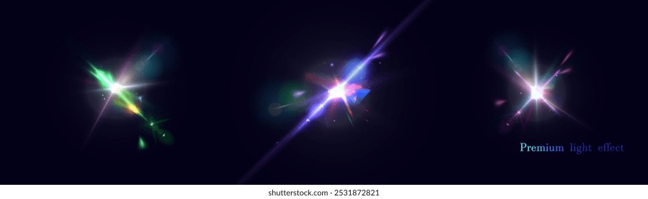 Set of bright lens light effects. Glowing light isolated on transparent background. Glow effect. Bright explosion with shimmering highlights.