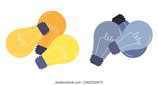 Conjunto de bombillas luminosas y bombillas de luz oscura aisladas sobre fondo blanco. Equipamiento eléctrico. Concepto de idea, electricidad, creatividad, pensamiento. Ilustración vectorial plana. 
