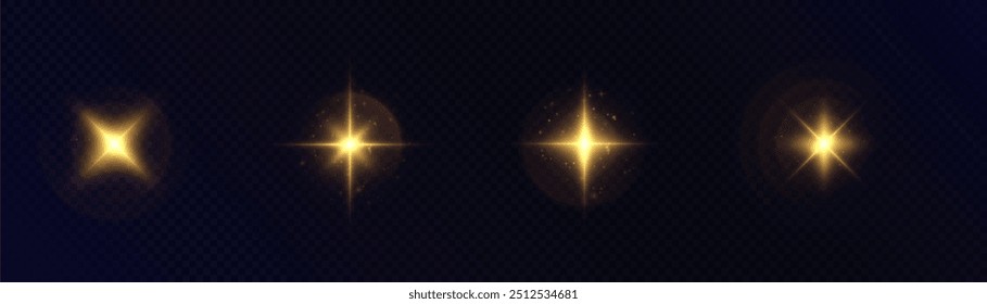 A set of bright light effects of golden glow, lens light reflections with glare and shine.	
