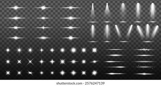 Set of bright light effects on transparent background. Includes starbursts, spotlights, and glows. Perfect for design, decoration, and highlighting. Overlay effect vector element set.