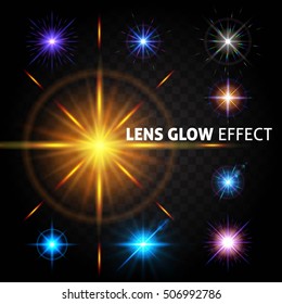 Set of bright light effects on a dark background transparent. The effect of the lens, the sun glow, bright light. Set design for the Christmas and New Year. Vector illustration