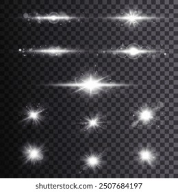 Set of bright light effects with rays and glares for vector illustration. Transparent background