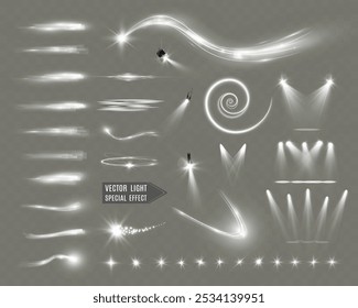 Conjunto de efectos de luz brillante, focos, estrellas, líneas de luz abstractas.