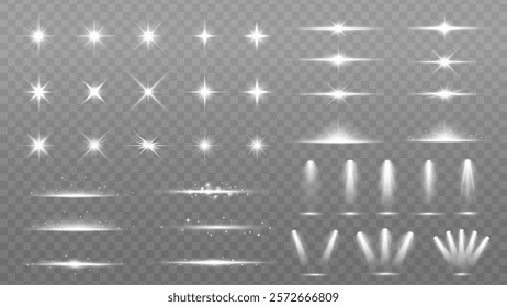 Set of bright light effects with stars, sparkles, and spotlights. Glowing stars and sparkles. Various spotlights and glowing effects on transparent background. Overlay effect vector element set.