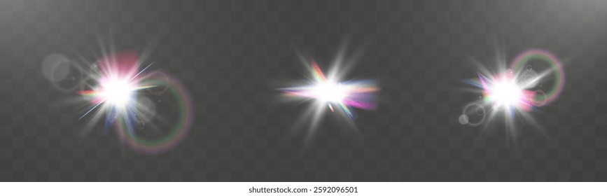 Set of bright light sparkle effects, glowing stars on dark background, shining glitter elements, magical illumination, festive luminous decoration.