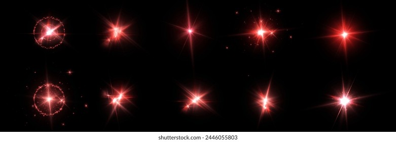 A set of bright lighting effects with a rich glow of red light. Laser distortion effect. Set of stars for design and illustrations.	