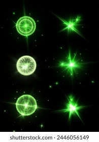 A set of bright lighting effects with a rich glow of green light. Laser distortion effect. Set of stars for design and illustrations.	