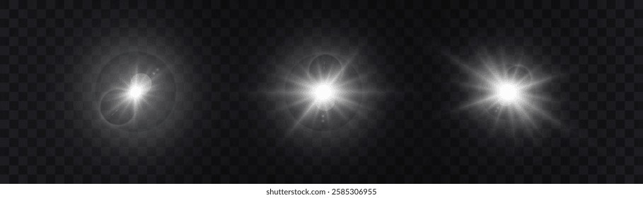 A set of bright lighting effects. Solar flare. Glow effect. Starbursts with flickering highlights. Beautiful flickering effect of light faces. Vector 10 EPS