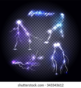 Set of bright lightning design. Light and lightning bolt, electricity and lightning storm, storm and thunder, bright flash, power energy, shock danger, thunderstorm abstract illustration