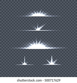 Set of bright lights on transparency. Glow flash fireworks illuminated sparkle. Glow light special effects. Shine explosion spark, flare effect, twinkling rays. Starburst. Vector illustration