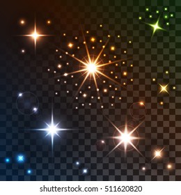 Set of Bright Lights, Stars, Light Effects and Sparkles on Transparent Background. Vector Illustration
