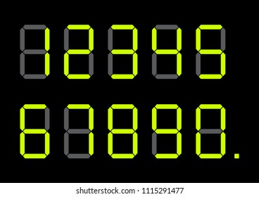 Set of bright lime green calculator digital numbers on black background. Vector illustration