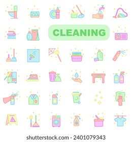 Set of bright linear icons on the theme of cleaning. Cleaning company symbol icons. EPS 10.