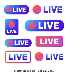 Conjunto de botões brilhantes de transmissão ao vivo ao vivo com gradiente. Ilustração vetorial