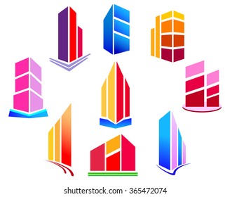 Set of bright logos of buildings. Vector illustration.