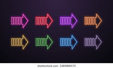 Un conjunto de flechas luminosas y luminosas de colores azul, naranja, blanco, azul, rosa, rojo, violeta y verde sobre un fondo oscuro. Indicadores LED.