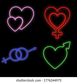 Set von hellen hellen, mehrfarbigen festlichen Neonzeichen für den Laden und Karten schön glänzend mit Liebe Herzen und weibliche und männliche Symbole auf schwarzem Hintergrund. Vektorgrafik.