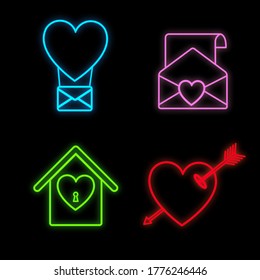 Conjunto de luminosos y multicolor signos de neón festivo para la tienda y postales hermosos brillantes con el amor corazones envuelven globos florales sobre un fondo negro. Ilustración vectorial.