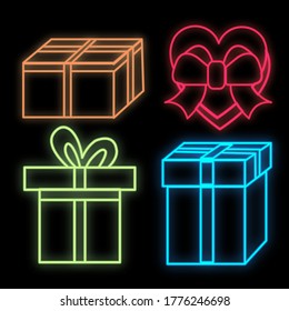 Juego de luminosos y multicolores signos de neón festivo para la tienda y tarjetas hermosas brillantes con cajas de regalo de amor sobre un fondo negro. Ilustración vectorial.