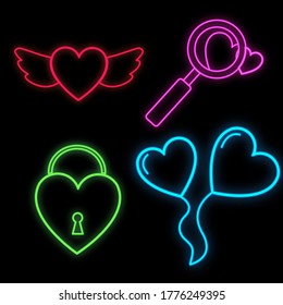 Set of bright luminous multi-colored festive neon signs for the store and cards beautiful shiny with love hearts wings balloons locks magnifiers on a black background. Vector illustration.