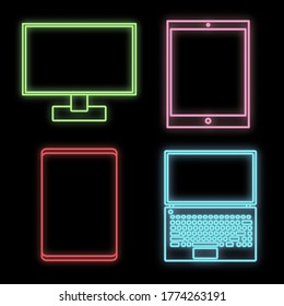 A set of bright luminous multi-colored neon signs for the store and workshop service center is beautiful shiny with modern electronics and appliances on a black background. Vector illustration.