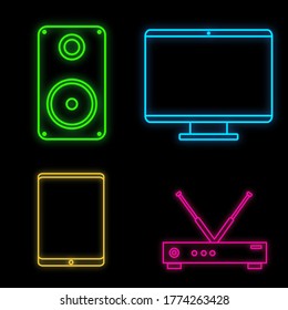 Un conjunto de luminosos y multicolores signos de neón para el centro de servicio de tiendas y talleres es hermoso y brillante con electrónica moderna y electrodomésticos en un fondo negro. Ilustración vectorial.
