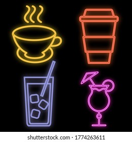 Luminosas y luminosas señales de neón multicolores para un café bar restaurante con un bonito y brillante bar con cócteles y té café sobre un fondo negro. Ilustración vectorial.