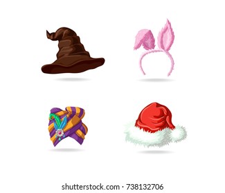 Set of bright magic caps. Witch Hat for Halloween. Easter mask with rabbit ears. Bright east turban. Santa Claus Christmas hat. Design of Holiday Caps Icons. Vector Illustration