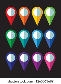 set of bright map pointers on black background. vector illustration flat design style. gps symbol marker sign