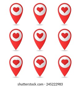 Set of bright markers on the map, Valentine's Day. Vector illustration. Flat design