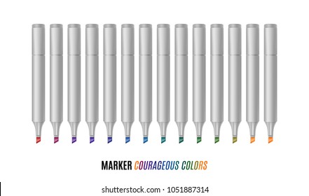 Set of bright markers on a white background. Courageous colors markers. Realistic vector illustration.