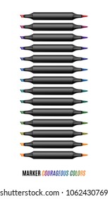 Set of bright markers on a white background. Courageous colors markers. Realistic vector illustration.