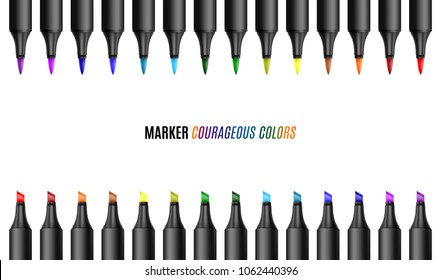 Set of bright markers on a white background. Realistic vector illustration. Courageous colors markers.