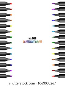 Set of bright markers on a white background. Realistic vector illustration. Courageous colors markers.
