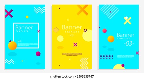 Set of bright Memphis banners. 3D style elements and place for text. Ideal for social media, web, site, landing page, ad, promotion, offer, greeting card.