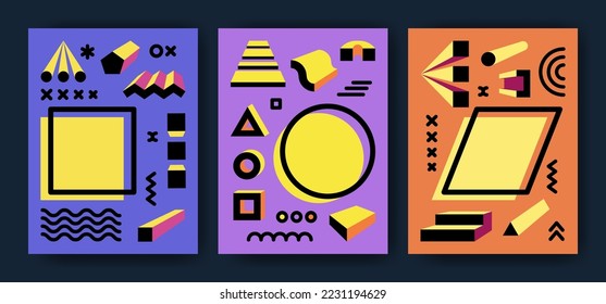Un conjunto de cubiertas de estilo memphis brillantes con varias formas espaciales. Plantillas vacías para el diseño. Ilustración vectorial. Opciones de volante.