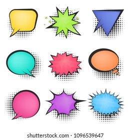 Set of bright mesh color empty retro comic speech bubbles with black halftone shadow in pop art style. Cute message balloons for comics book or advertising text, web design, greeting cards, banners